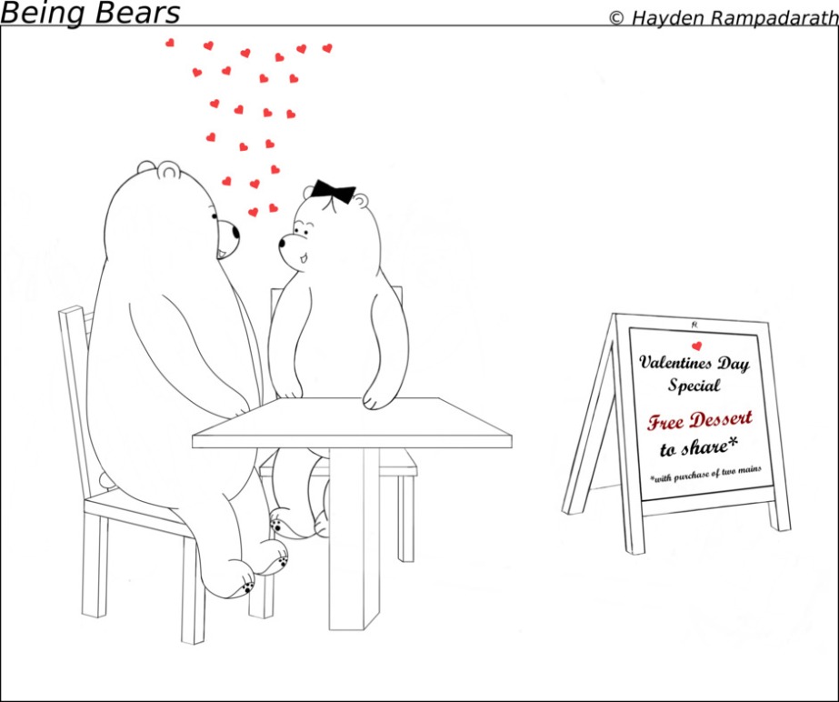 Two Bears having dinner at a restaurant gaze lovingly at each other. A sign reads free dessert to share.
